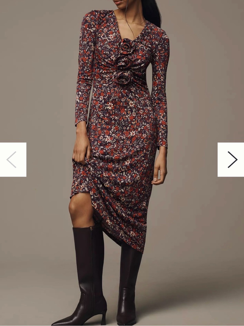 FARM Rio Burgundy Floral Ruffle-Front Long-Sleeve Midi Dress